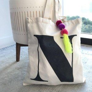 Initial N Canvas Tote with Tassel Pom Pom Costume